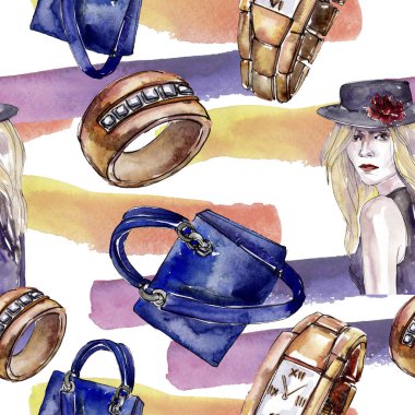 Bir suluboya stil izole öğesi moda kroki. Suluboya resim ayarlayın. Sorunsuz arka plan deseni.