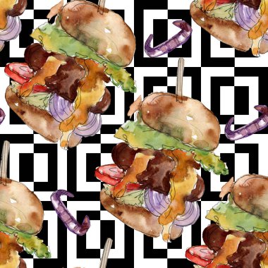 Hamburger fast food izole. Suluboya arka plan illüstrasyon seti. Dikişsiz arka zemin deseni.