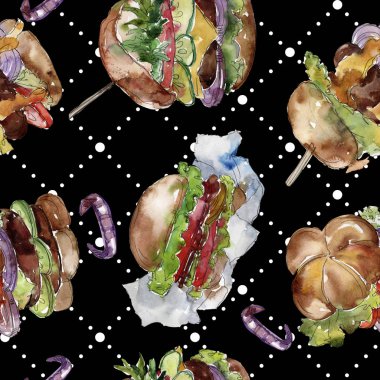 Hamburger fast food izole. Suluboya arka plan illüstrasyon seti. Dikişsiz arka zemin deseni.