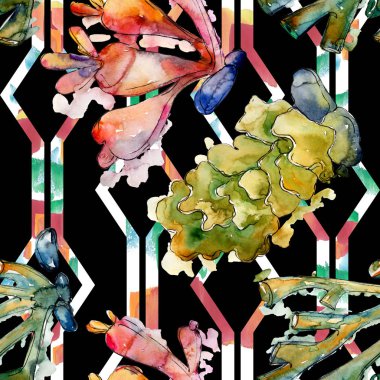 Renkli su sualtı doğa mercan kayalığı. Suluboya arka plan illüstrasyon küme. Sorunsuz arka plan deseni.