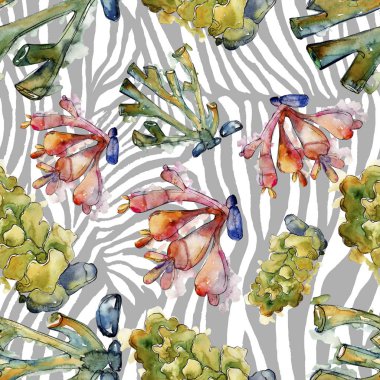 Renkli su sualtı doğa mercan kayalığı. Suluboya arka plan illüstrasyon küme. Sorunsuz arka plan deseni.