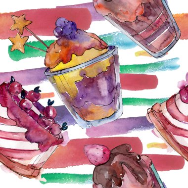 Suluboya tarzında lezzetli kek ve tatlı. Suluboya illüstrasyon seti. Kesintisiz arka plan deseni.