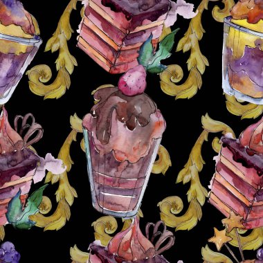 Suluboya tarzında lezzetli kek ve tatlı. Suluboya illüstrasyon seti. Kesintisiz arka plan deseni.