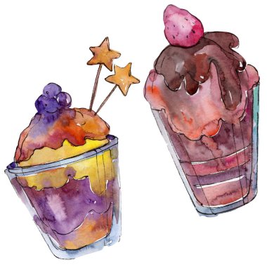 Suluboya tarzında lezzetli kek ve tatlı. Arka plan çizim seti. Suluboya çizim aquarelle izole.