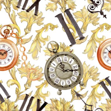 Vintage eski saat cep saati. Suluboya arka plan illüstrasyon seti. Kesintisiz arka plan deseni.