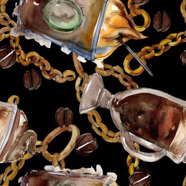 Sıcak ve soğuk kahve içecekleri. Suluboya arka plan illüstrasyon seti. Kesintisiz arka plan deseni.