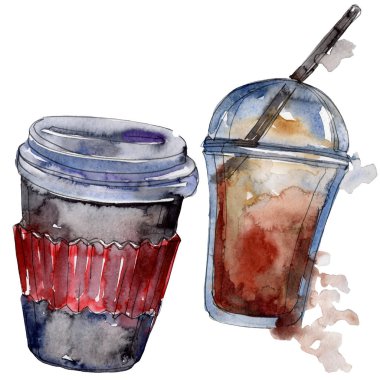 Sıcak ve soğuk kahve içecekleri. Suluboya arka plan illüstrasyon seti. İzole içecekler illüstrasyon elemanı.
