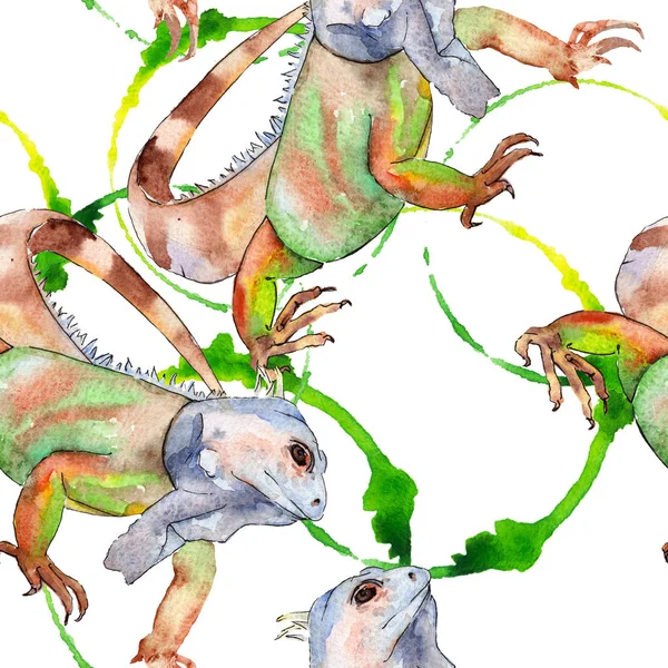 Iguane exotique animal sauvage. Ensemble d'illustration de fond aquarelle. Modèle de fond sans couture . — Photo