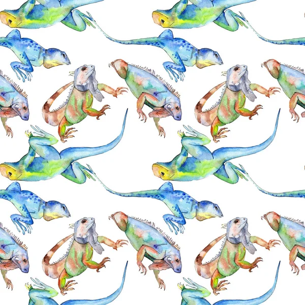 Exotic iguana wild animal. Watercolor background illustration set. Seamless background pattern. — Stock Photo, Image