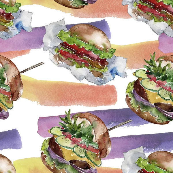 Hambúrguer fast food isolado. Conjunto de ilustração de fundo aquarela. Padrão de terra sem costura para trás . — Fotografia de Stock