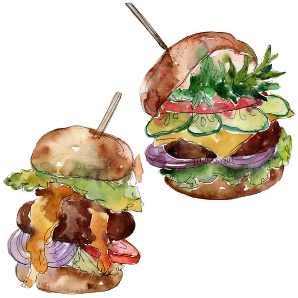 Hamburger Fast Food isoliert. Aquarell Hintergrundillustration Set. Einzelnes Fastfood-Illustrationselement. — Stockfoto