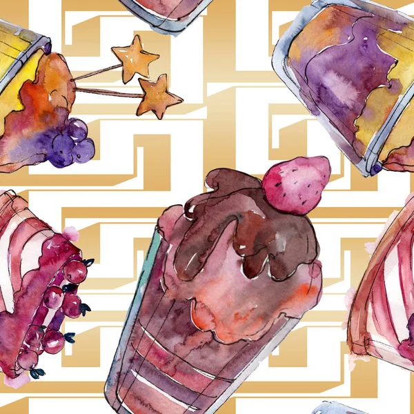 Tasty cake and dessert in a watercolor style. Watercolour illustration set. Seamless background pattern. — Stock Photo, Image