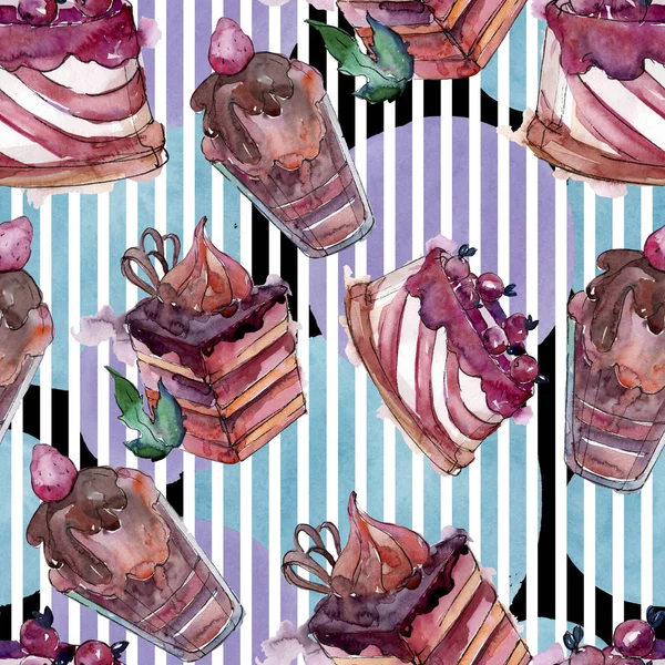 Chutný dort a dezert ve vodním stylu. Vodakbarevná ilustrace nastavena. Bezespání vzorek pozadí. — Stock fotografie
