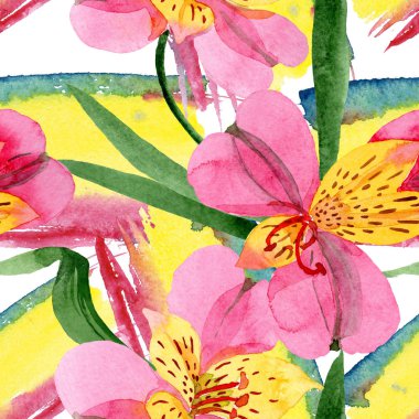 Pembe alstroemeria çiçek botanik çiçekler. Suluboya arka plan illüstrasyon seti. Kesintisiz arka plan deseni.