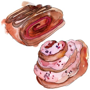 Suluboya tarzında lezzetli kek ve tatlılar. Arka plan çizim seti. Suluboya çizim aquarelle izole.