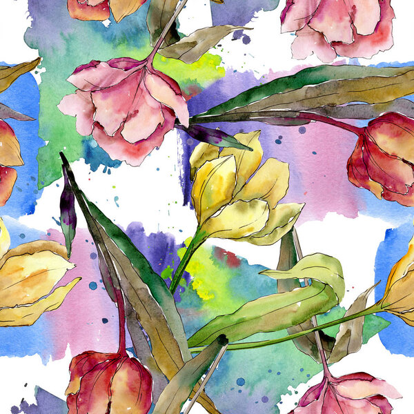 Tulip floral botanical flowers. Watercolor background illustration set. Seamless background pattern.