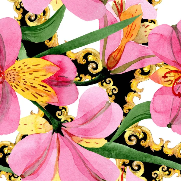 Rosa alstroemeria flores botánicas florales. Conjunto de ilustración de fondo acuarela. Patrón de fondo sin costuras . — Foto de Stock