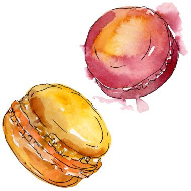 Suluboya tarzında lezzetli kek ve tatlılar. Arka plan çizim seti. Suluboya çizim aquarelle izole.