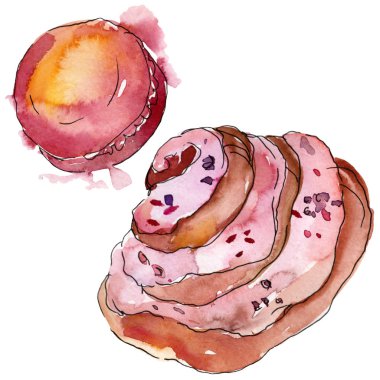 Suluboya tarzında lezzetli kek ve tatlılar. Arka plan çizim seti. Suluboya çizim aquarelle izole.