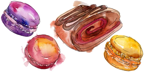 Suluboya tarzında lezzetli kek ve tatlılar. Arka plan çizim seti. Suluboya çizim aquarelle izole. — Stok fotoğraf