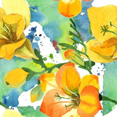 Sarı freesia çiçek botanik çiçekleri. Suluboya b ackground illüstrasyon seti. Kesintisiz arka plan deseni.