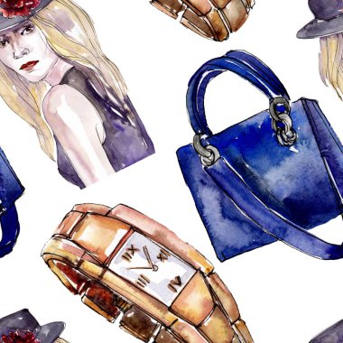 Bir suluboya stil izole öğesi moda kroki. Suluboya resim ayarlayın. Sorunsuz arka plan deseni.