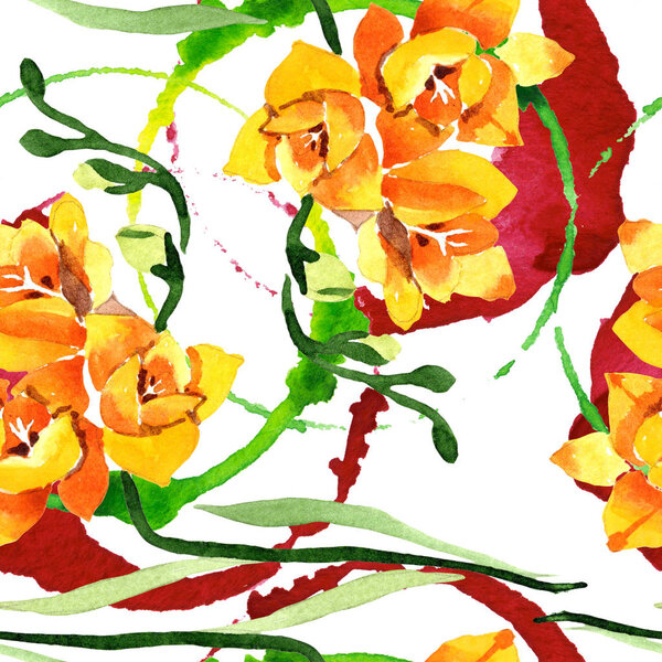 Yellow freesia floral botanical flowers. Watercolor b ackground illustration set. Seamless background pattern.