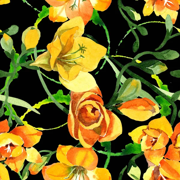 Sarı freesia çiçek botanik çiçekleri. Suluboya b ackground illüstrasyon seti. Kesintisiz arka plan deseni. — Stok fotoğraf
