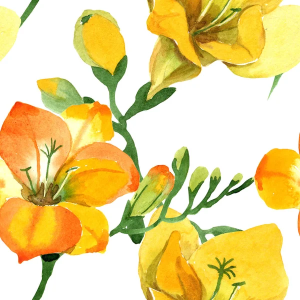 Gul freesia blommiga botaniska blommor. Akvarell b AKGRUND illustration uppsättning. Sömlöst bakgrundsmönster. — Stockfoto