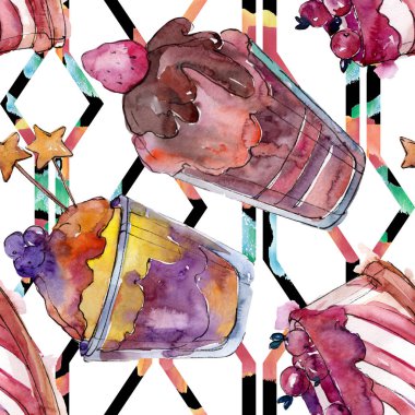 Suluboya tarzında lezzetli kek ve tatlı. Suluboya illüstrasyon seti. Kesintisiz arka plan deseni.