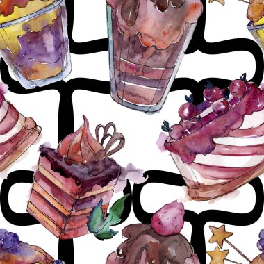 Suluboya tarzında lezzetli kek ve tatlı. Suluboya illüstrasyon seti. Kesintisiz arka plan deseni.