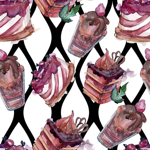 Smakelijke cake en dessert in een aquarel stijl. Aquarel illustratie instellen. Naadloos achtergrond patroon. — Stockfoto