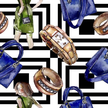 Bir suluboya stil izole öğesi moda kroki. Suluboya resim ayarlayın. Sorunsuz arka plan deseni.