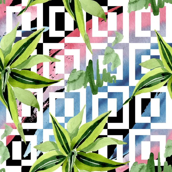 Dracena gröna blad. Blad växt botaniska blomblad. Akvarell illustration. Sömlöst bakgrundsmönster. — Stockfoto