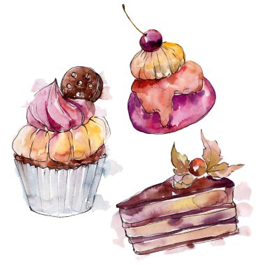Lezzetli kek ve tatlı. Arka plan çizim seti. Suluboya çizim moda aquarelle izole.