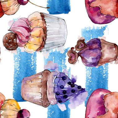 Suluboya tarzında lezzetli cupcake ve tatlı. Suluboya illüstrasyon seti. Kesintisiz arka plan deseni.