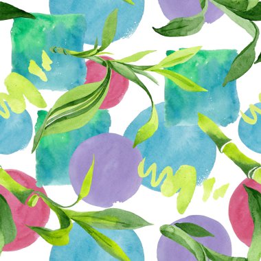 Bambu yeşil yaprakları. Suluboya arka plan illüstrasyon seti. Kesintisiz arka plan deseni.