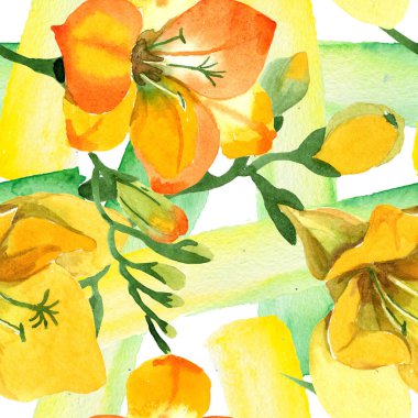 Sarı freesia çiçek botanik çiçekleri. Suluboya b ackground illüstrasyon seti. Kesintisiz arka plan deseni.