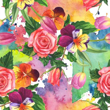 Viyola, gül ve lale çiçek botanik çiçek. Suluboya arka plan illüstrasyon seti. Kesintisiz arka plan deseni.