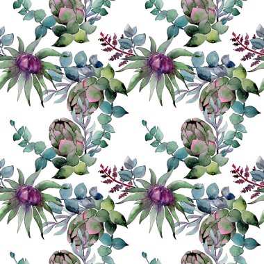 Bouqet lezzetli çiçek botanik çiçekleri. Suluboya arka plan illüstrasyon seti. Kesintisiz arka plan deseni.