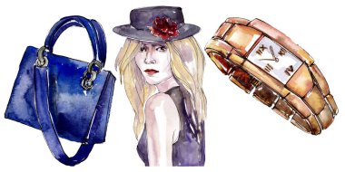 Moda kroki glamour çizimde bir suluboya stil izole öğesi. Suluboya arka plan ayarlamak.