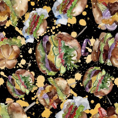 Hamburger fast food izole. Suluboya arka plan illüstrasyon seti. Dikişsiz arka zemin deseni.