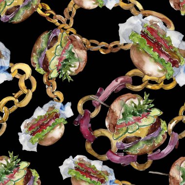 Hamburger fast food izole. Suluboya arka plan illüstrasyon seti. Dikişsiz arka zemin deseni.