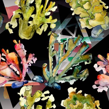 Renkli su sualtı doğa mercan kayalığı. Suluboya arka plan illüstrasyon küme. Sorunsuz arka plan deseni.