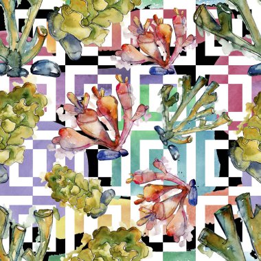 Renkli su sualtı doğa mercan kayalığı. Suluboya arka plan illüstrasyon küme. Sorunsuz arka plan deseni.