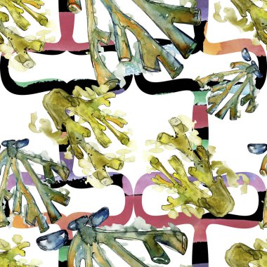 Renkli su sualtı doğa mercan kayalığı. Suluboya arka plan illüstrasyon küme. Sorunsuz arka plan deseni.