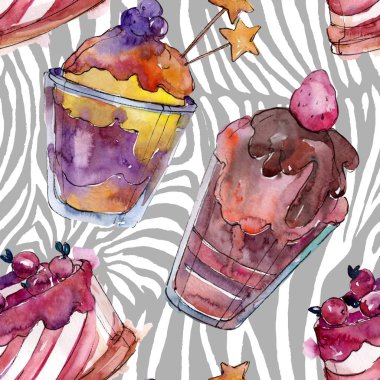 Suluboya tarzında lezzetli kek ve tatlı. Suluboya illüstrasyon seti. Kesintisiz arka plan deseni.