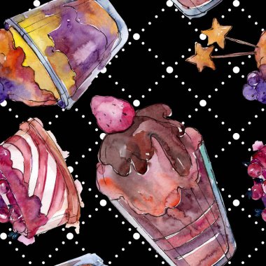 Suluboya tarzında lezzetli kek ve tatlı. Suluboya illüstrasyon seti. Kesintisiz arka plan deseni.