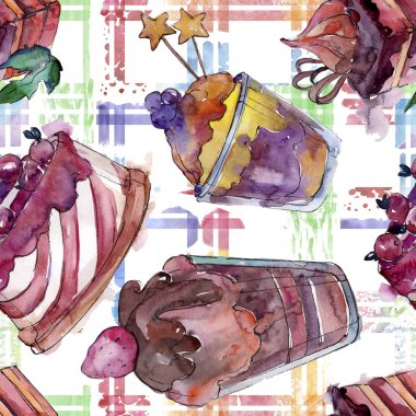 Suluboya tarzında lezzetli kek ve tatlı. Suluboya illüstrasyon seti. Kesintisiz arka plan deseni.