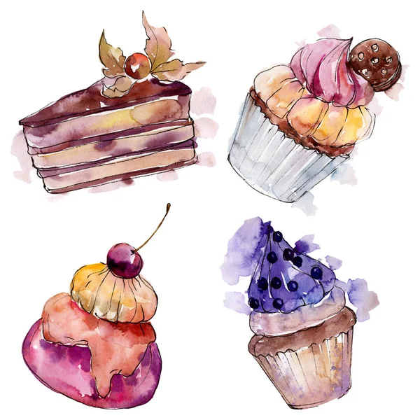 Lezzetli kek ve tatlı. Arka plan çizim seti. Suluboya çizim moda aquarelle izole.